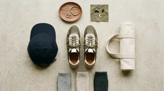 Composition élégante montrant des accessoires sneakers harmonieusement disposés pour un look équilibré