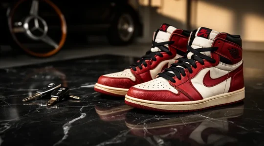 Vue macro de sneakers vintage des années 80 dans un environnement luxueux avec détails de cuir et matériaux premium