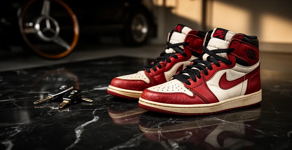 Vue macro de sneakers vintage des années 80 dans un environnement luxueux avec détails de cuir et matériaux premium