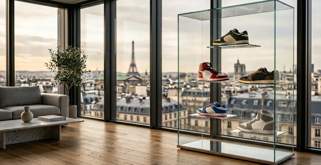 Collection de sneakers rares disposées comme un portefeuille d'investissement dans un environnement luxueux