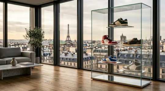 Collection de sneakers rares disposées comme un portefeuille d'investissement dans un environnement luxueux