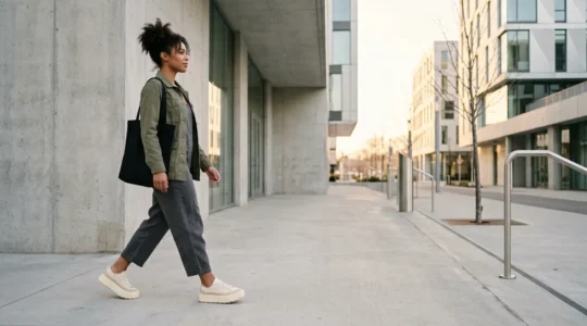 Femme marchant avec assurance en sneakers compensées dans un environnement urbain moderne