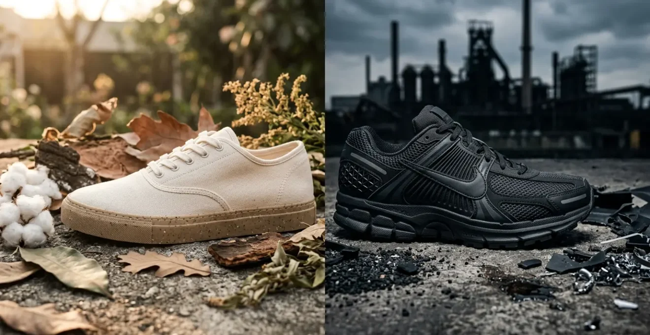 Comparaison visuelle entre sneakers écoresponsables et classiques pour illustrer l'impact carbone
