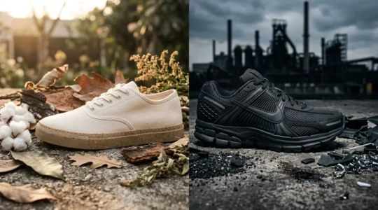 Comparaison visuelle entre sneakers écoresponsables et classiques pour illustrer l'impact carbone