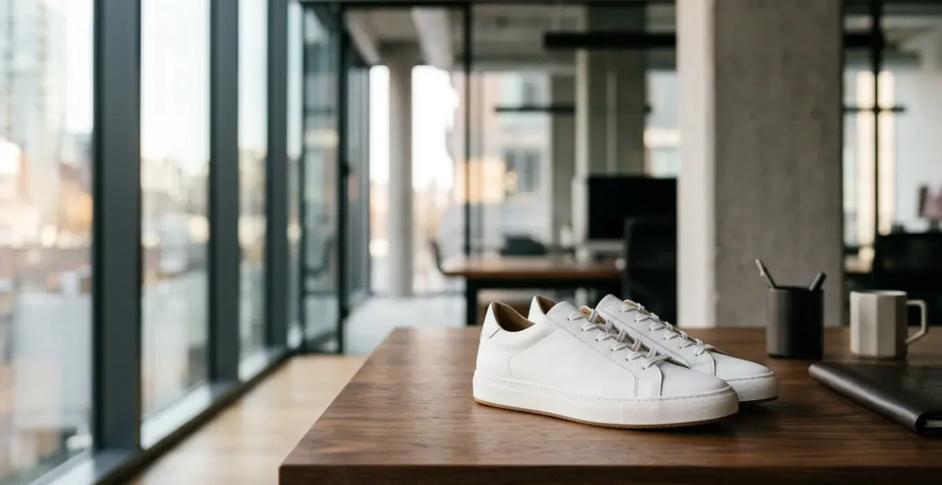 Sneakers minimalistes en cuir blanc posées sur un bureau moderne en bois avec accessoires professionnels floutés en arrière-plan