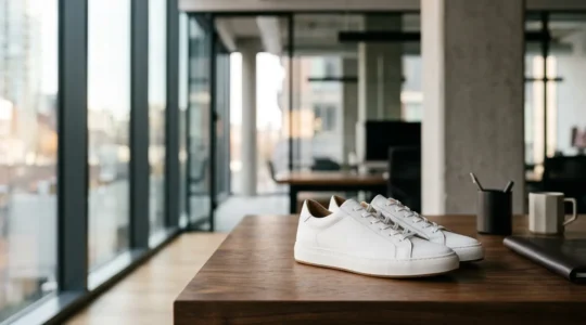 Sneakers minimalistes en cuir blanc posées sur un bureau moderne en bois avec accessoires professionnels floutés en arrière-plan