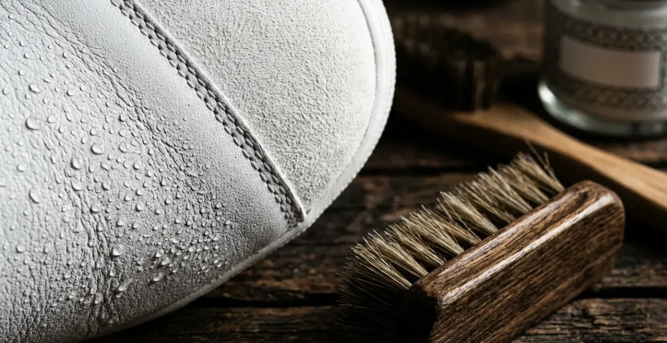 Vue rapprochée de sneakers en cuir et nubuck avec kit d'entretien professionnel