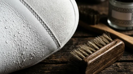 Vue rapprochée de sneakers en cuir et nubuck avec kit d'entretien professionnel