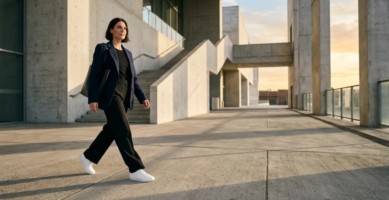 Femme élégante portant des sneakers techniques avec une tenue sophistiquée dans un environnement urbain moderne