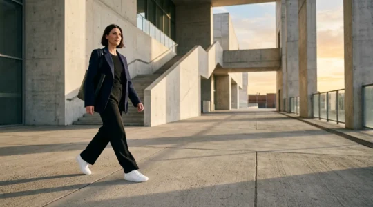 Femme élégante portant des sneakers techniques avec une tenue sophistiquée dans un environnement urbain moderne