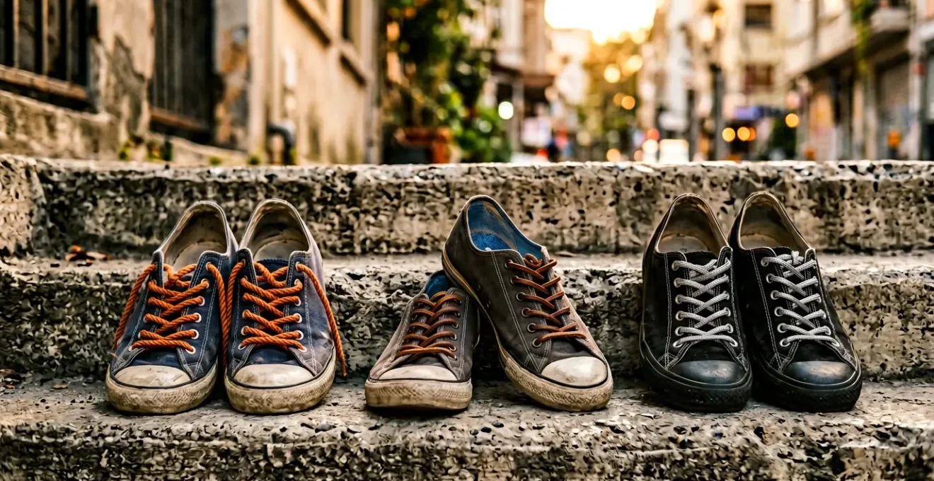 Gros plan sur des sneakers personnalisées avec différents types de lacets colorés dans un environnement urbain