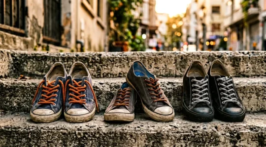 Gros plan sur des sneakers personnalisées avec différents types de lacets colorés dans un environnement urbain
