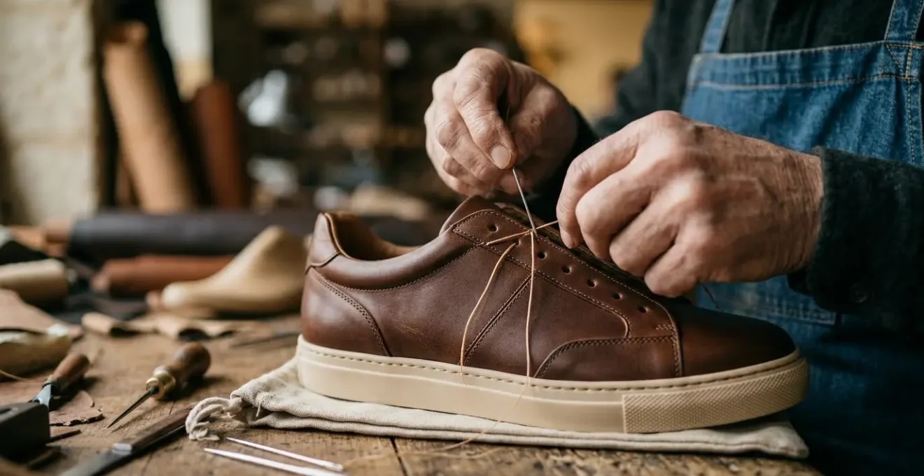 Artisan travaillant sur une sneaker de luxe dans un atelier français baigné de lumière naturelle