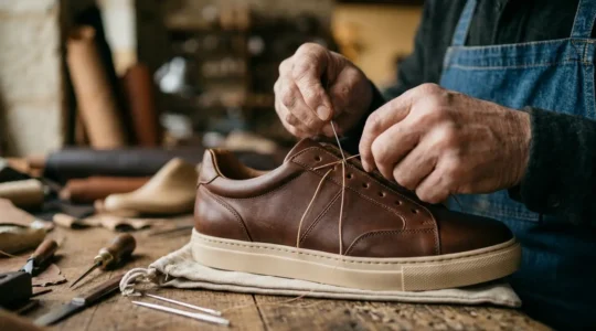 Artisan travaillant sur une sneaker de luxe dans un atelier français baigné de lumière naturelle