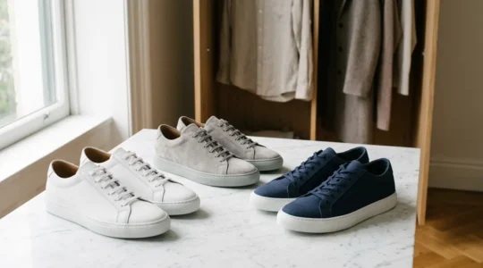 Collection élégante de sneakers minimalistes blanches disposées sur surface en marbre
