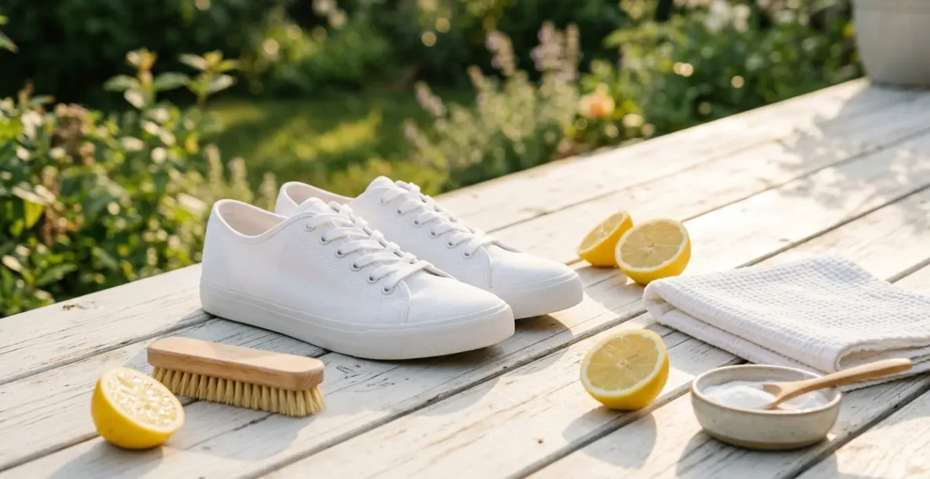 Paire de sneakers blanches en toile sur surface ensoleillée avec accessoires de nettoyage naturels