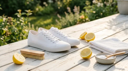 Paire de sneakers blanches en toile sur surface ensoleillée avec accessoires de nettoyage naturels