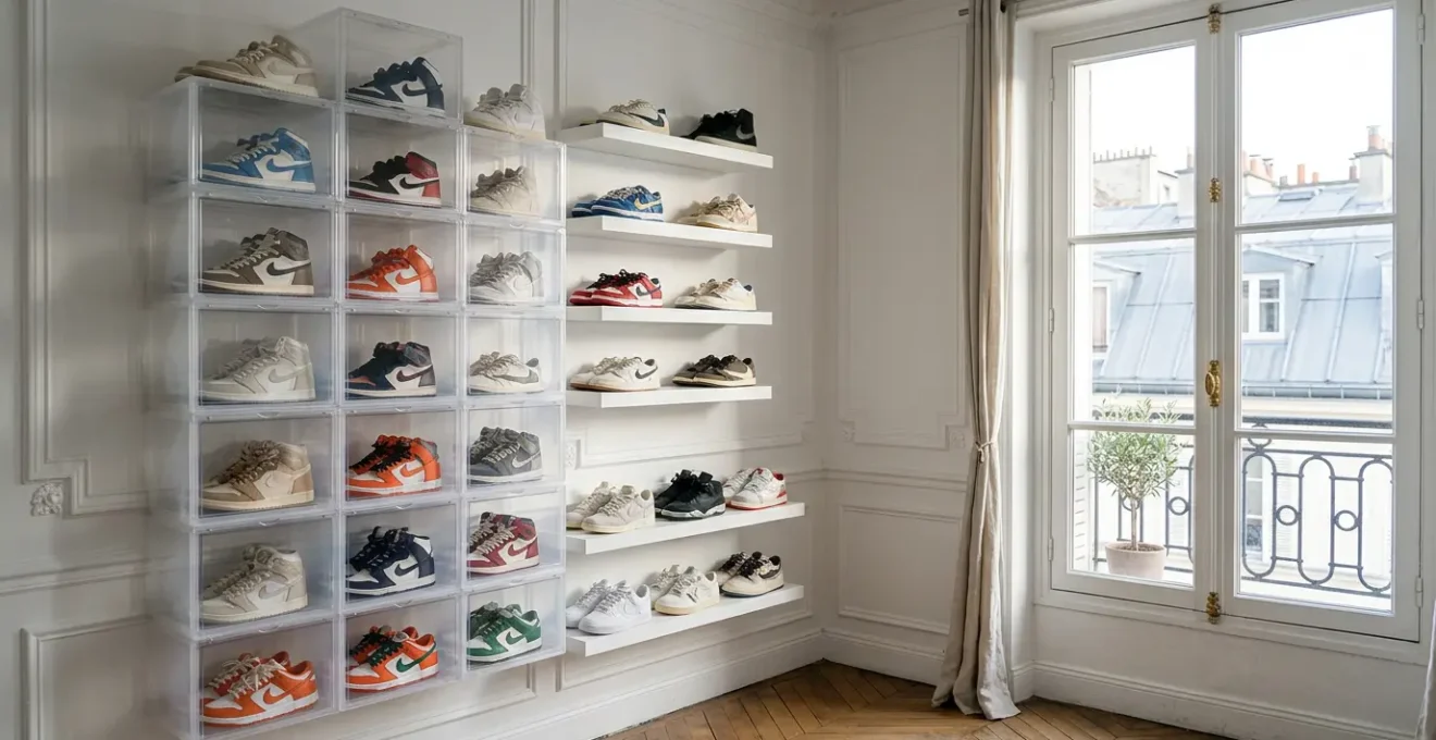 Vue d'ensemble d'un petit appartement parisien avec système de rangement mural pour sneakers, mélange d'étagères flottantes et de boîtes transparentes empilées