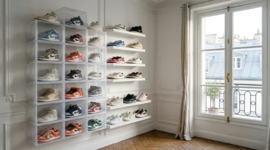 Vue d'ensemble d'un petit appartement parisien avec système de rangement mural pour sneakers, mélange d'étagères flottantes et de boîtes transparentes empilées