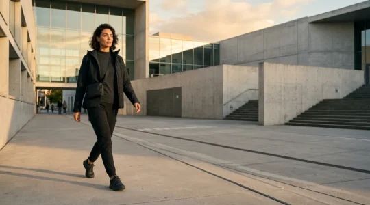 Homme portant des vêtements techniques élégants dans un environnement urbain moderne
