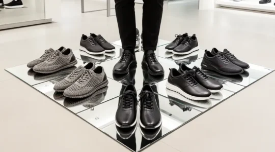 Pieds avec différentes sneakers en essayage sur miroir de mesure de pointure