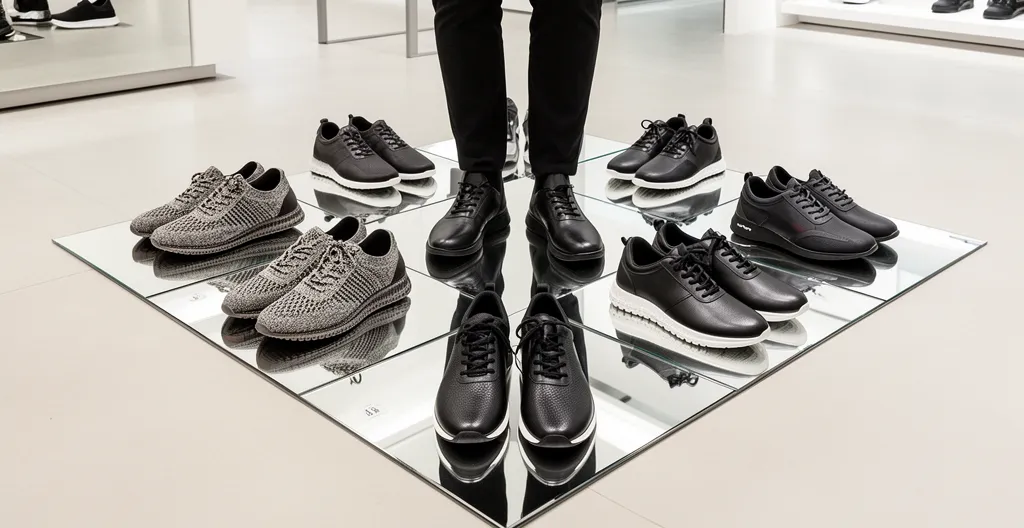 Pieds avec différentes sneakers en essayage sur miroir de mesure de pointure