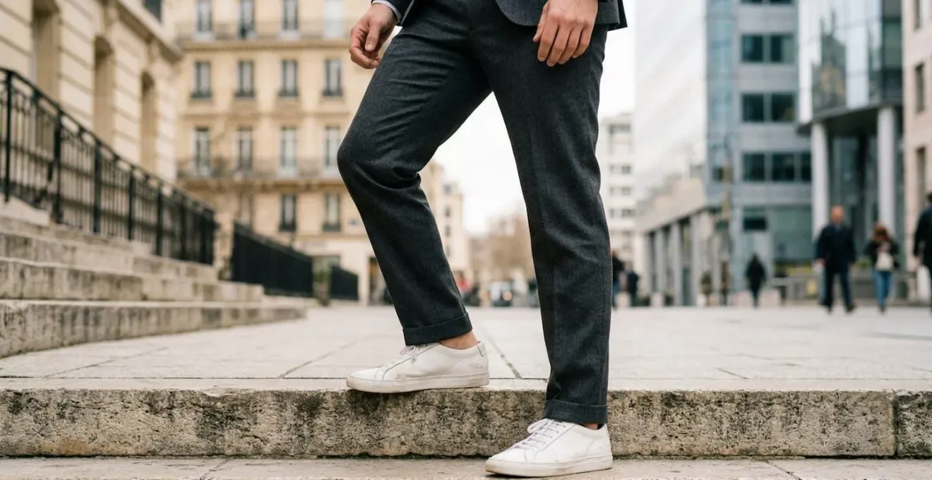 Composition harmonieuse montrant l'association réussie de sneakers minimalistes avec un pantalon de costume