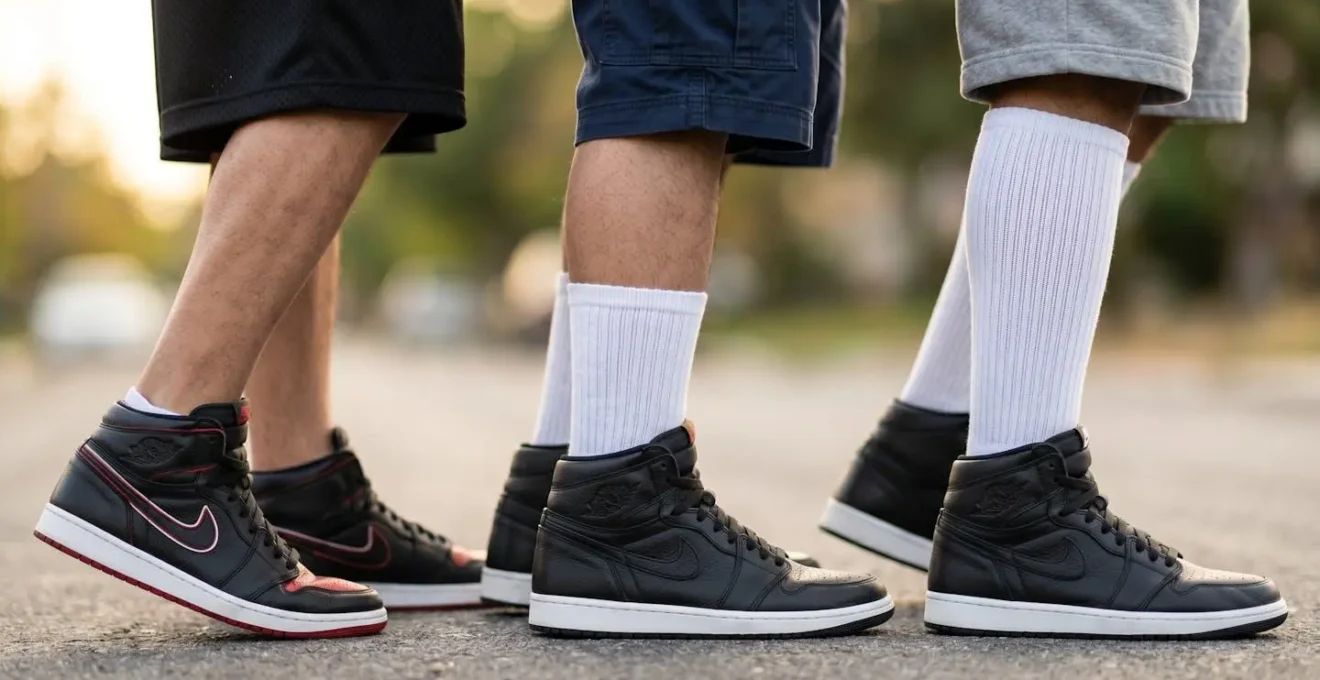 Détail de jambes portant des high-tops avec différentes hauteurs de chaussettes et un short
