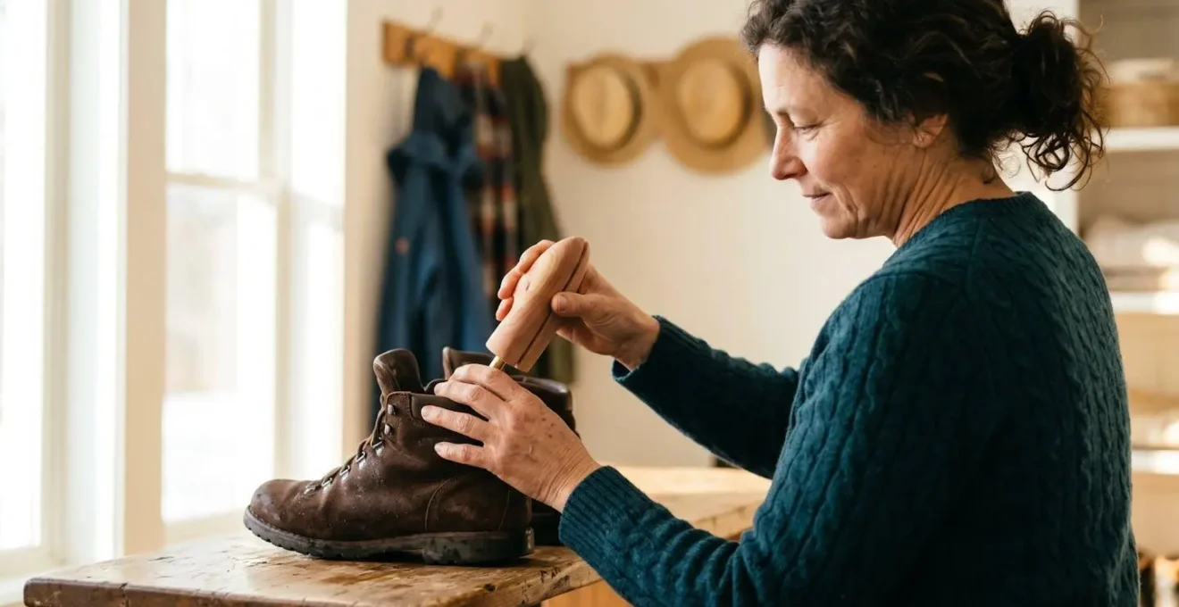 Paire de chaussures en daim avec embauchoirs en cèdre dans un environnement de séchage naturel
