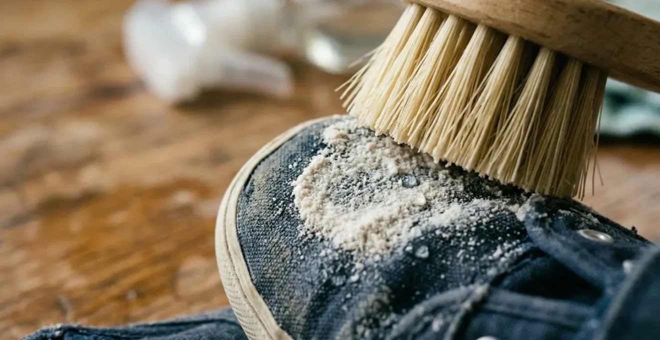 Chaussures d'enfants en cours de nettoyage avec produits naturels sur table en bois