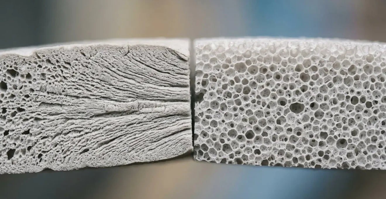 Vue macro d'une semelle intermédiaire montrant la différence entre mousse compressée et mousse neuve