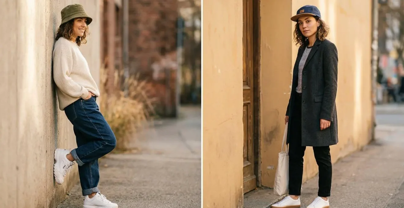 Composition montrant l'harmonie entre différents couvre-chefs et styles de sneakers