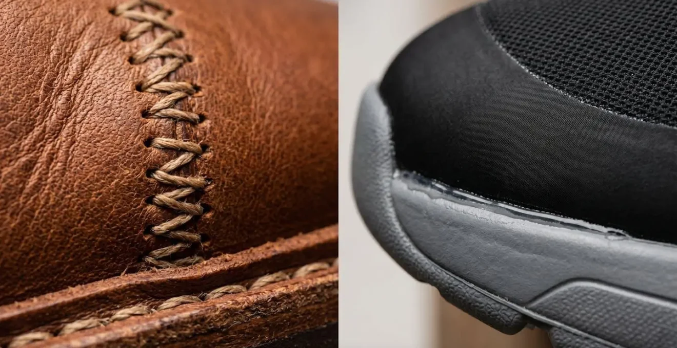 Vue macro comparative d'une couture artisanale et d'un collage industriel sur des sneakers