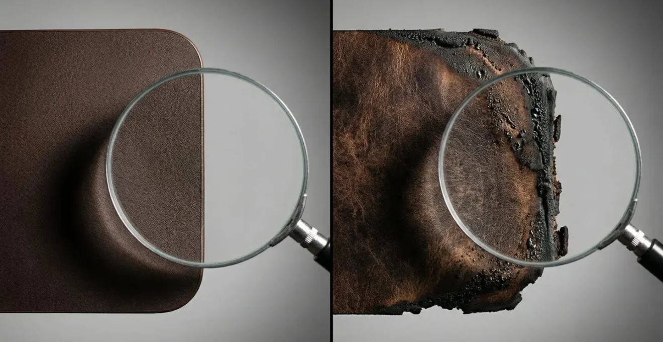Comparaison visuelle entre une découpe laser premium et une découpe bas de gamme sur cuir de sneaker