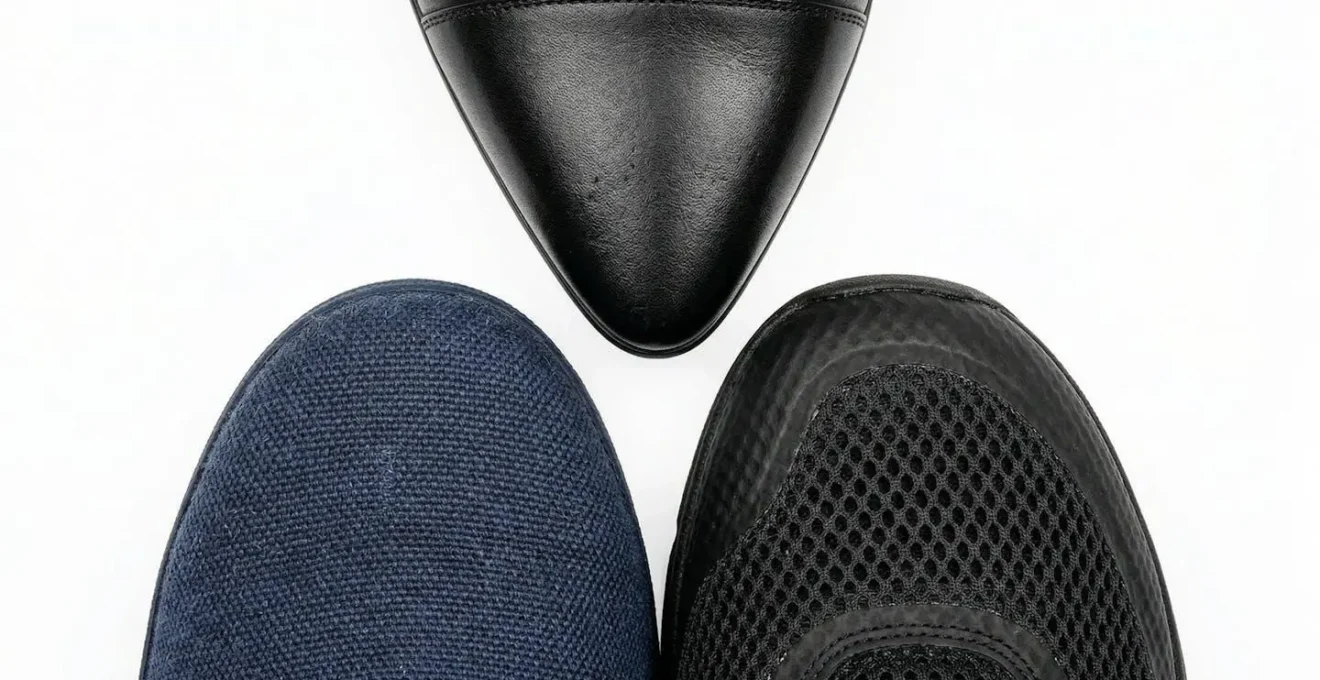 Vue du dessus de trois chaussures aux bouts différents : pointu, rond et asymétrique