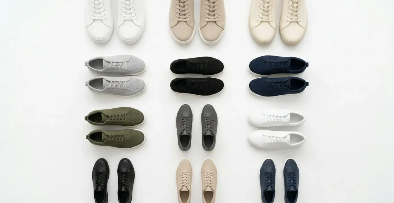 Vue de dessus de plusieurs sneakers alignées montrant différentes largeurs de toe box