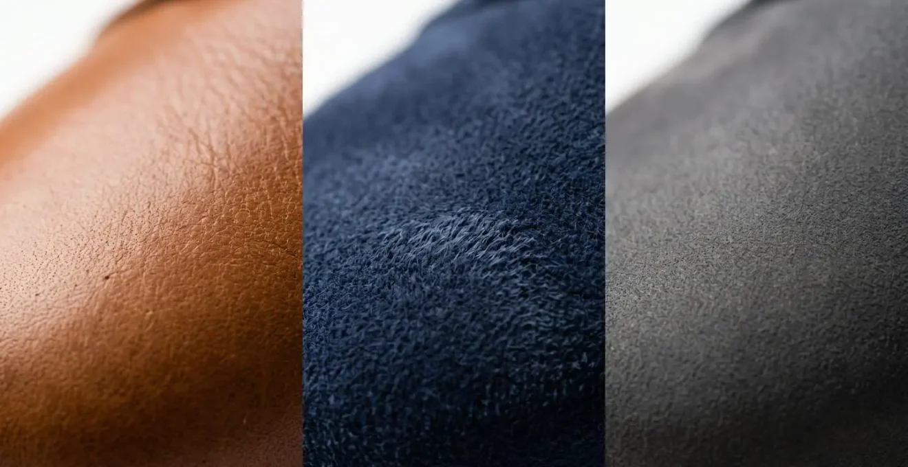 Comparaison macro de différentes textures de cuir pour sneakers : pleine fleur, suède et nubuck