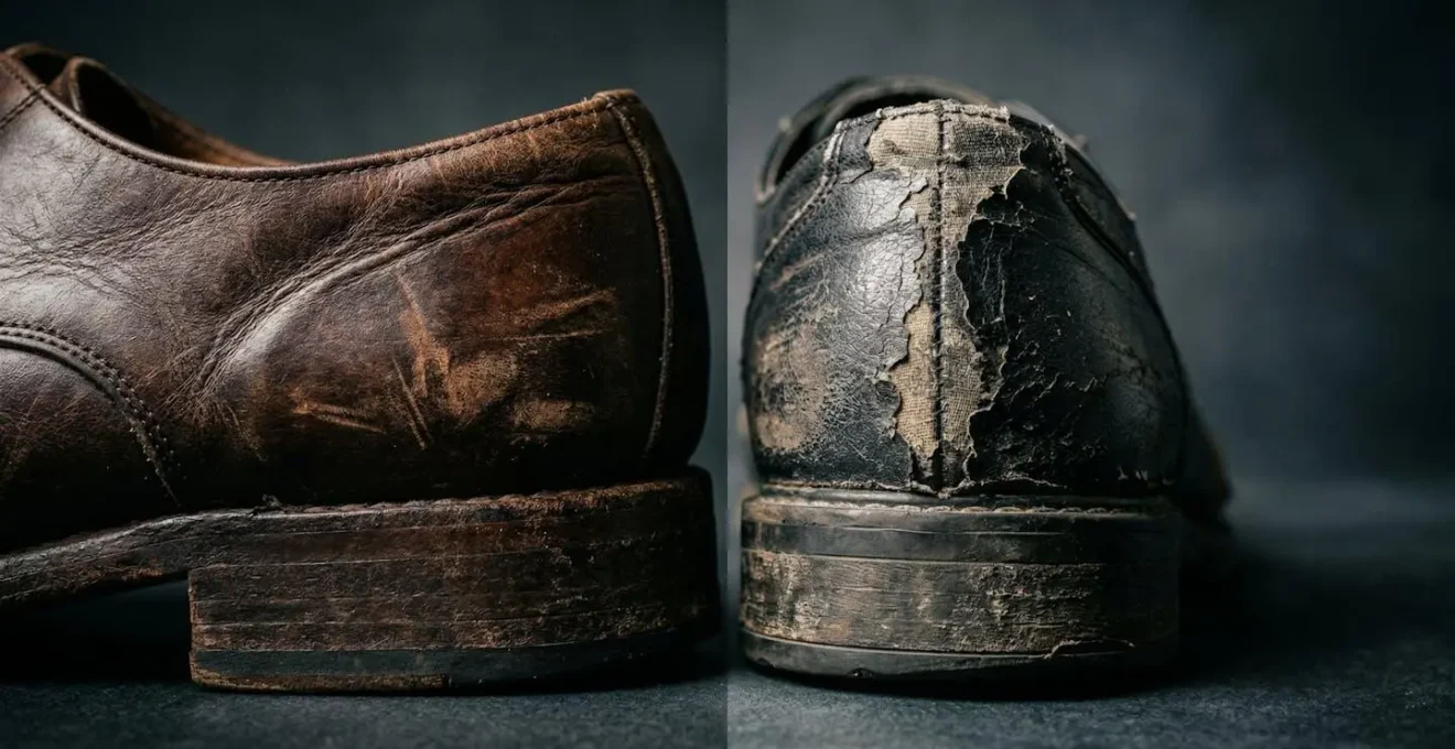 Comparaison visuelle du vieillissement d'un cuir vegan et d'un cuir animal après un an d'usage