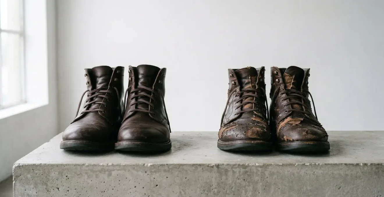 Comparaison de deux paires de chaussures en cuir de pomme après un an, l'une bien entretenue et l'autre mal traitée