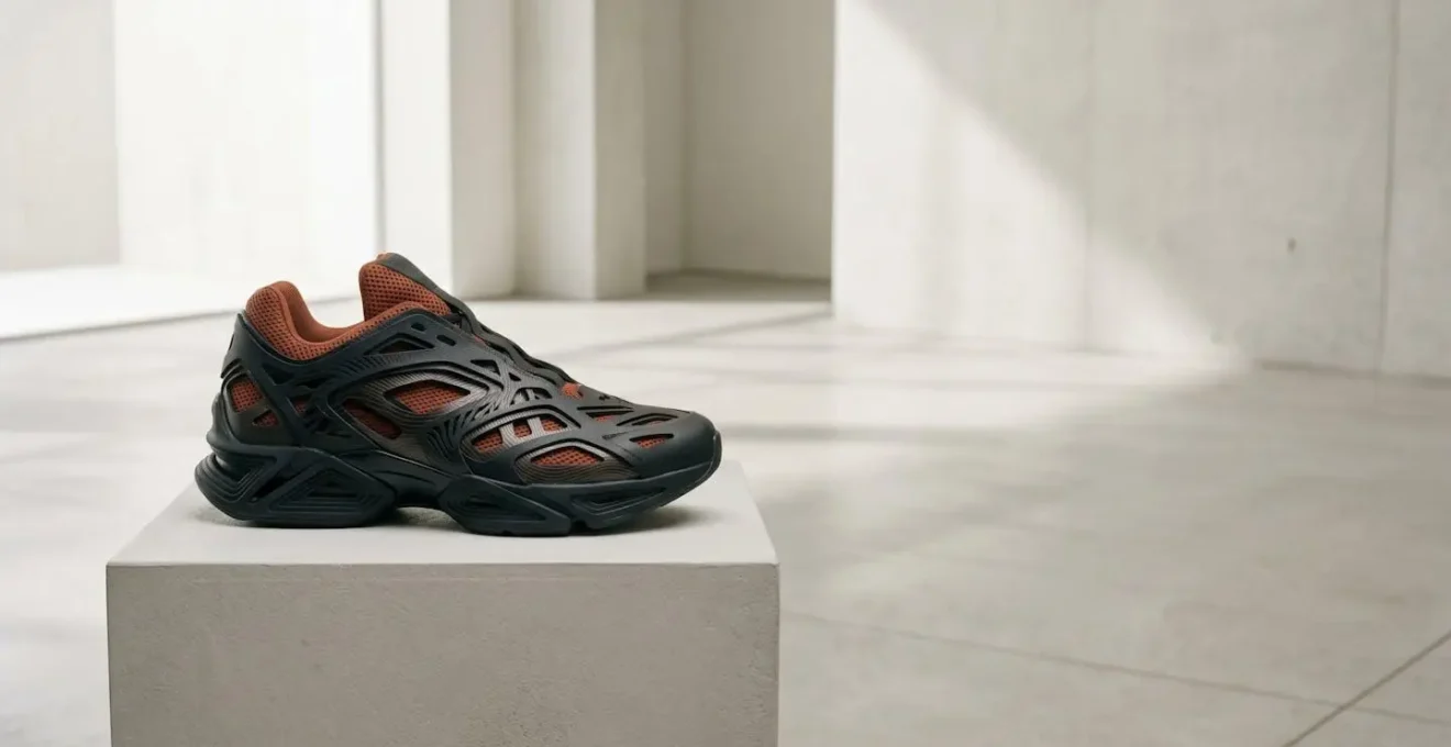 Sneaker futuriste avec effets de superposition et transparence créés par découpe laser multicouches