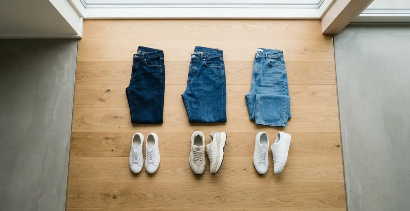 Composition montrant différentes coupes de jeans avec des baskets variées pour illustrer l'équilibre des proportions