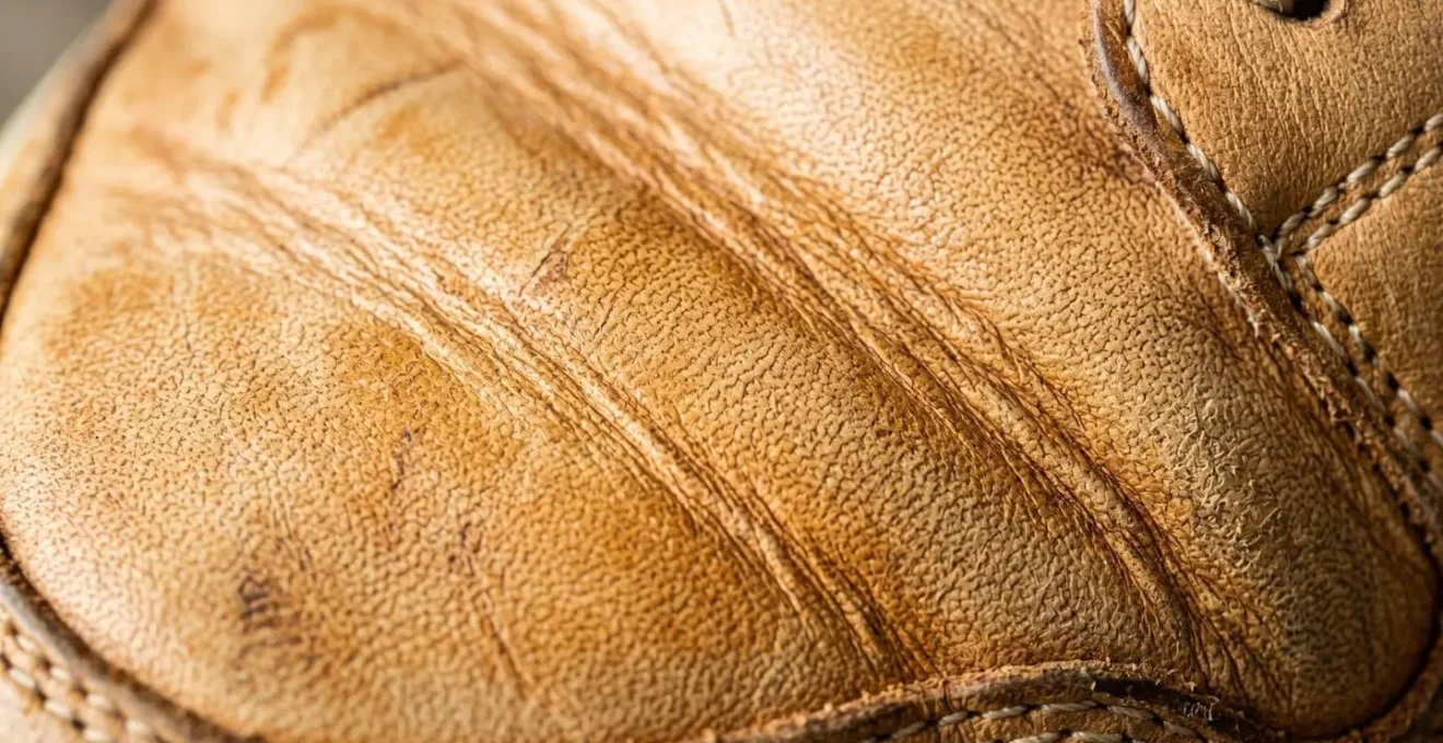 Gros plan sur le cuir patiné d'une sneaker minimaliste montrant les nuances et la texture