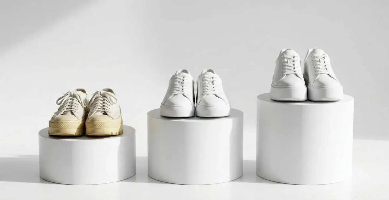 Comparaison visuelle entre différents styles de plateformes de sneakers dans un studio minimaliste