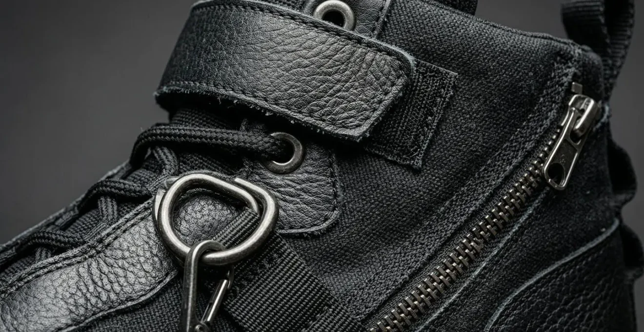 Détails macro des éléments d'accessoirisation intégrés aux baskets montantes