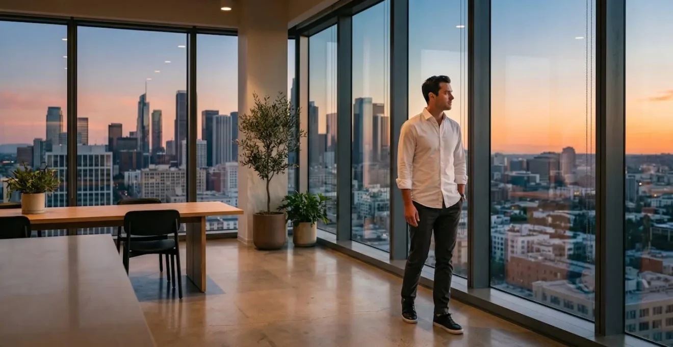 Homme élégant dans un espace de coworking moderne au crépuscule avec baskets en cuir sombre