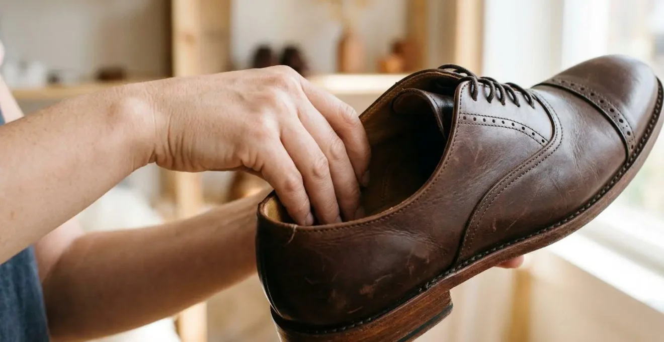 Main inspectant l'intérieur d'une chaussure pour détecter les défauts cachés