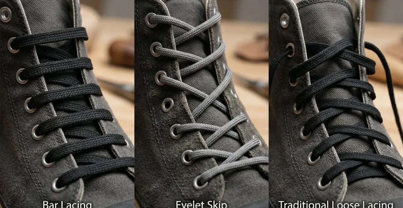 Gros plan sur différentes techniques de laçage de baskets montantes montrant le saut d'œillet