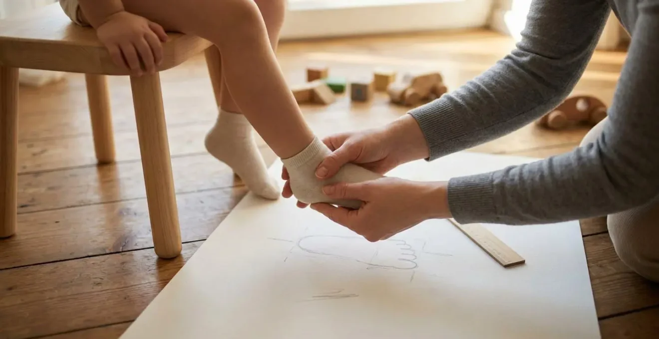 Mesure du pied d'un enfant sur un pédimètre en papier avec règle graduée