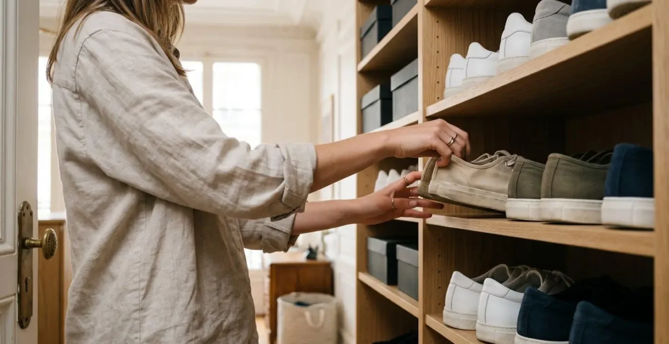 Vue plongeante d'un dressing organisé en zones avec sneakers rangées par fréquence d'usage et couleurs coordonnées
