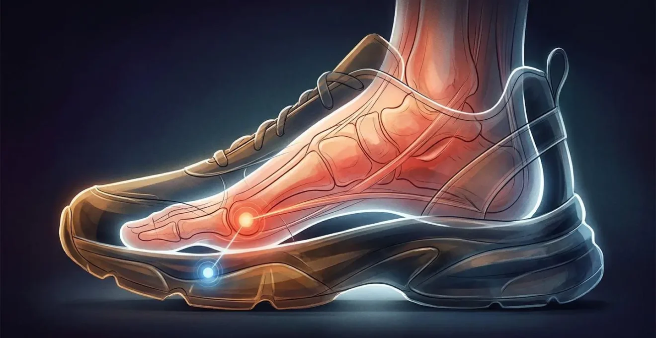 Radiographie stylisée montrant le décalage entre le point de flexion du pied et de la chaussure